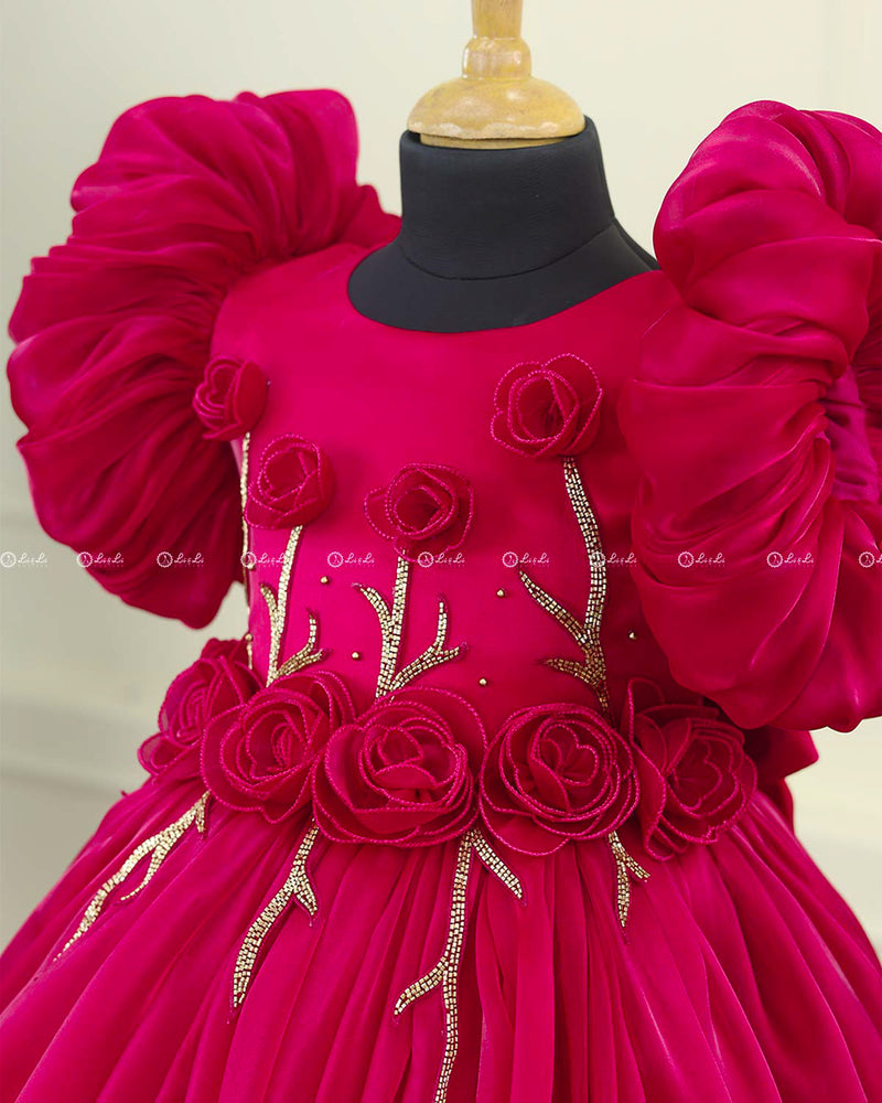 Wine Red Balloon Gown with Handcrafted Rose Embellishment.