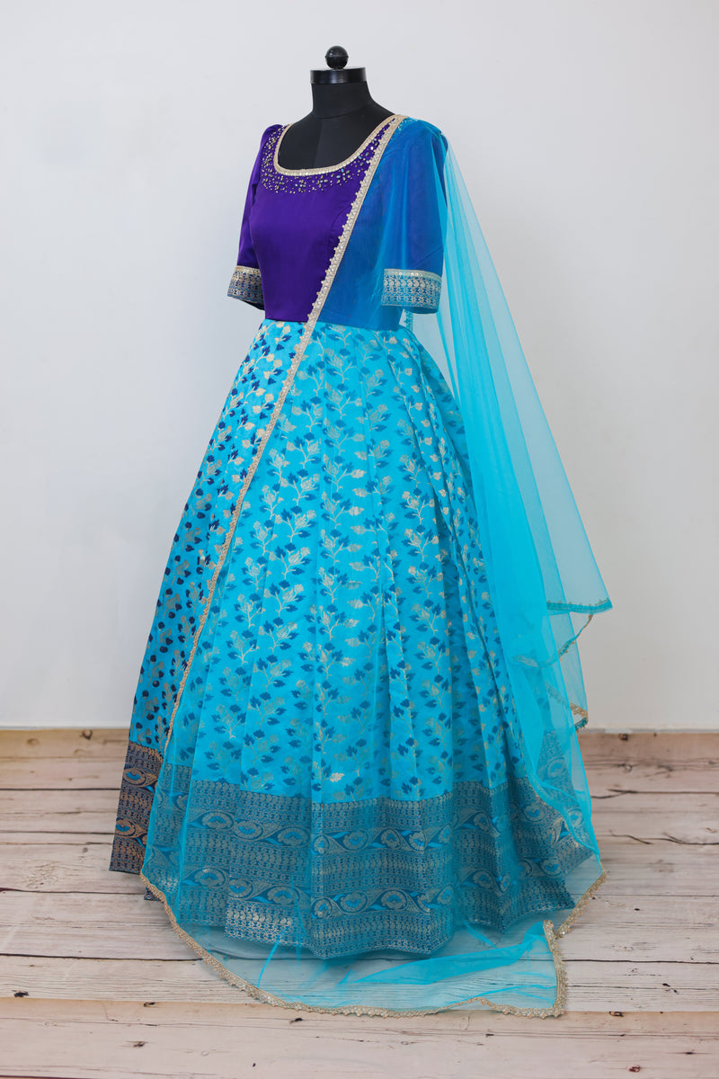 Indigo blue with sky blue Pleated  Gown with Dupatta