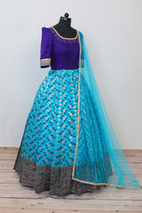 Indigo blue with sky blue Pleated  Gown with Dupatta