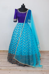 Indigo blue with sky blue Pleated  Gown with Dupatta