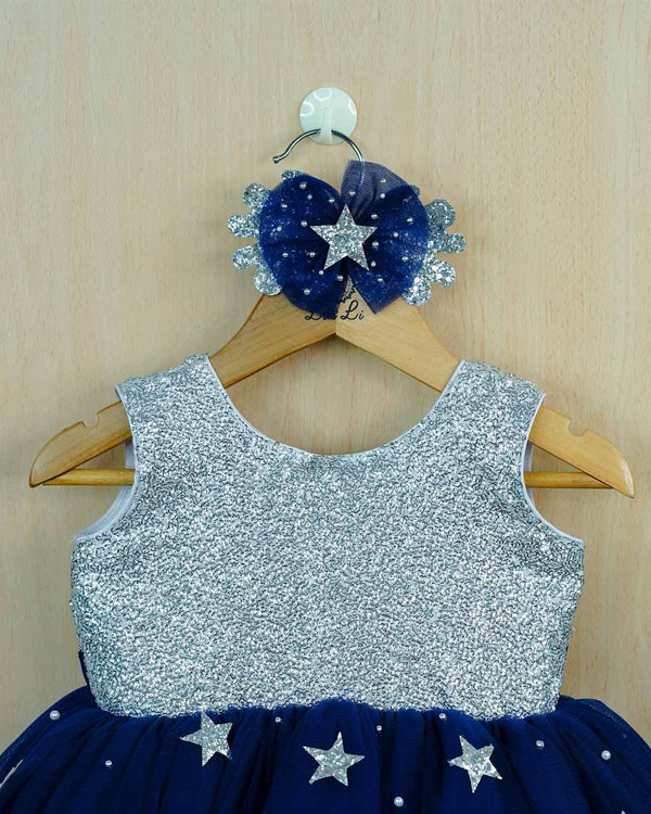 Silver and navy blue star theme simple frock