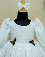 milky white hacoba puff sleeve frock with detachable brooches on waistline