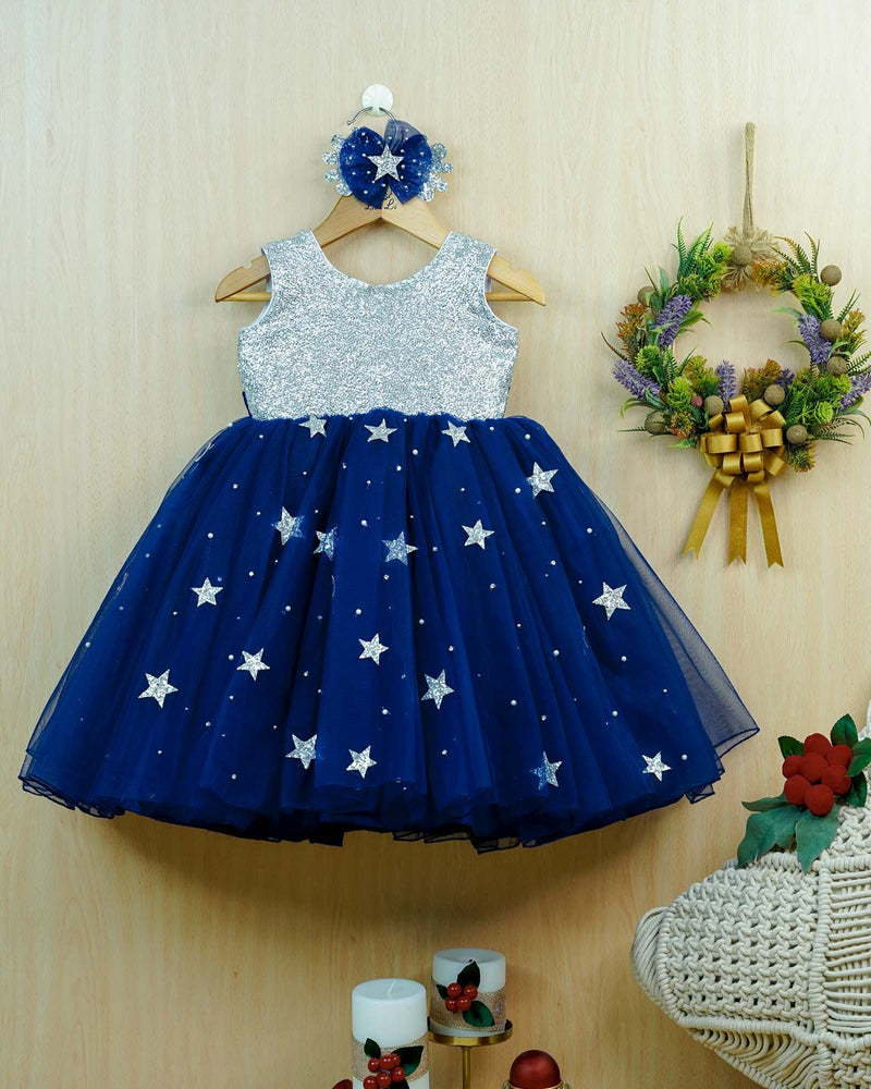 Silver and navy blue star theme simple frock