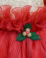 Red pleated organza and golden combo frock