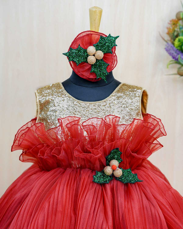 Red pleated organza and golden combo frock