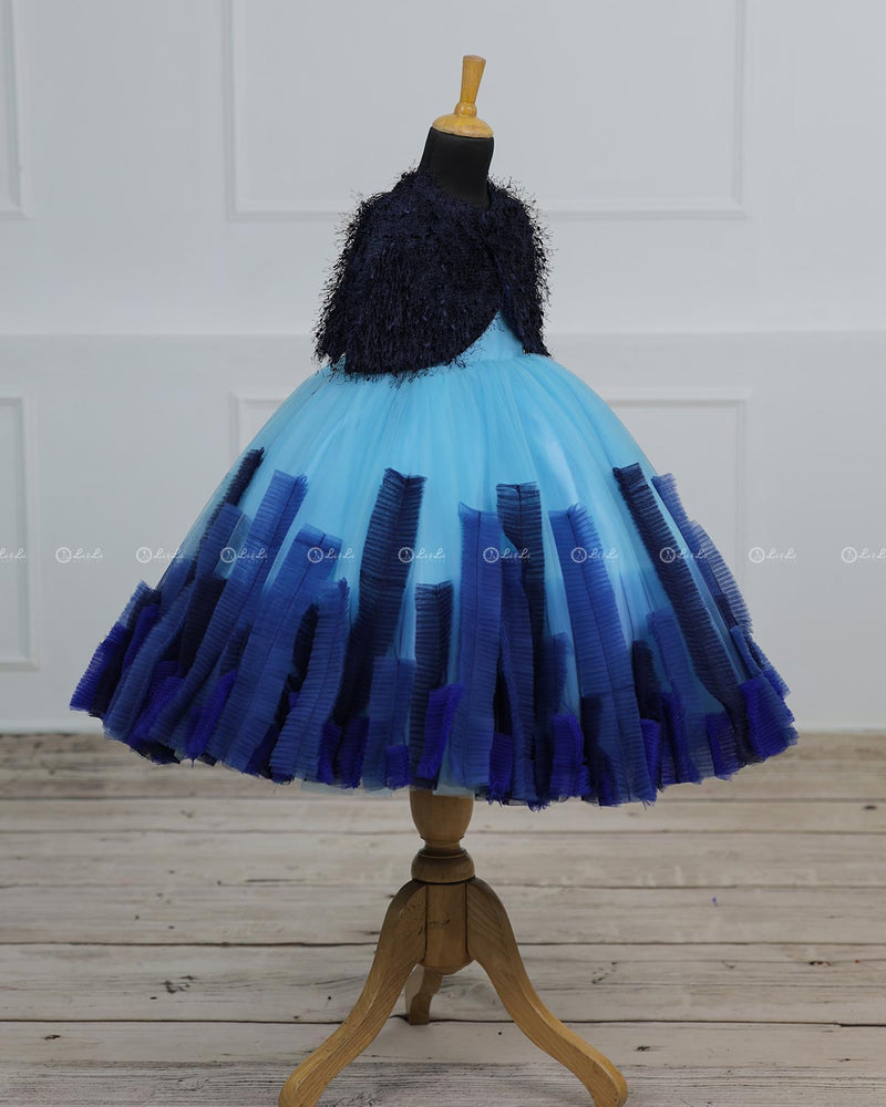 Blue Gown with Detachable Feather Cape