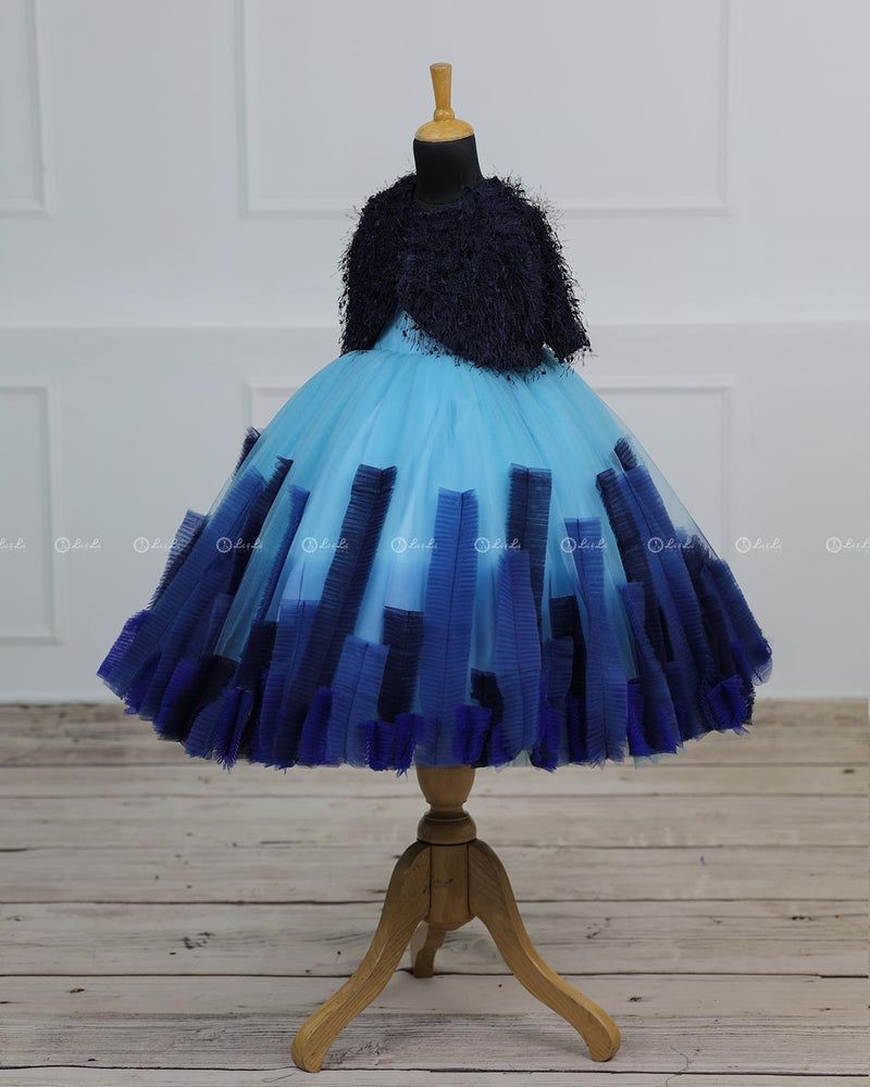 Blue Gown with Detachable Feather Cape