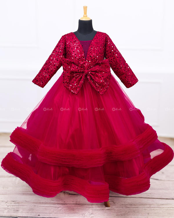 Wine Red Twinkle Party Wear Frilled Frock