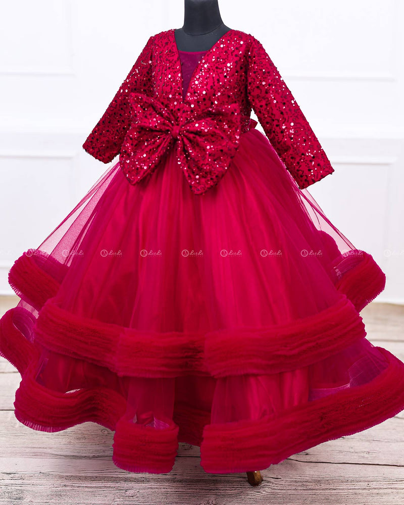 Wine Red Twinkle Party Wear Frilled Frock