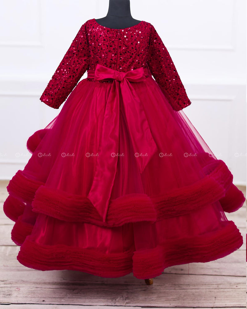 Wine Red Twinkle Party Wear Frilled Frock