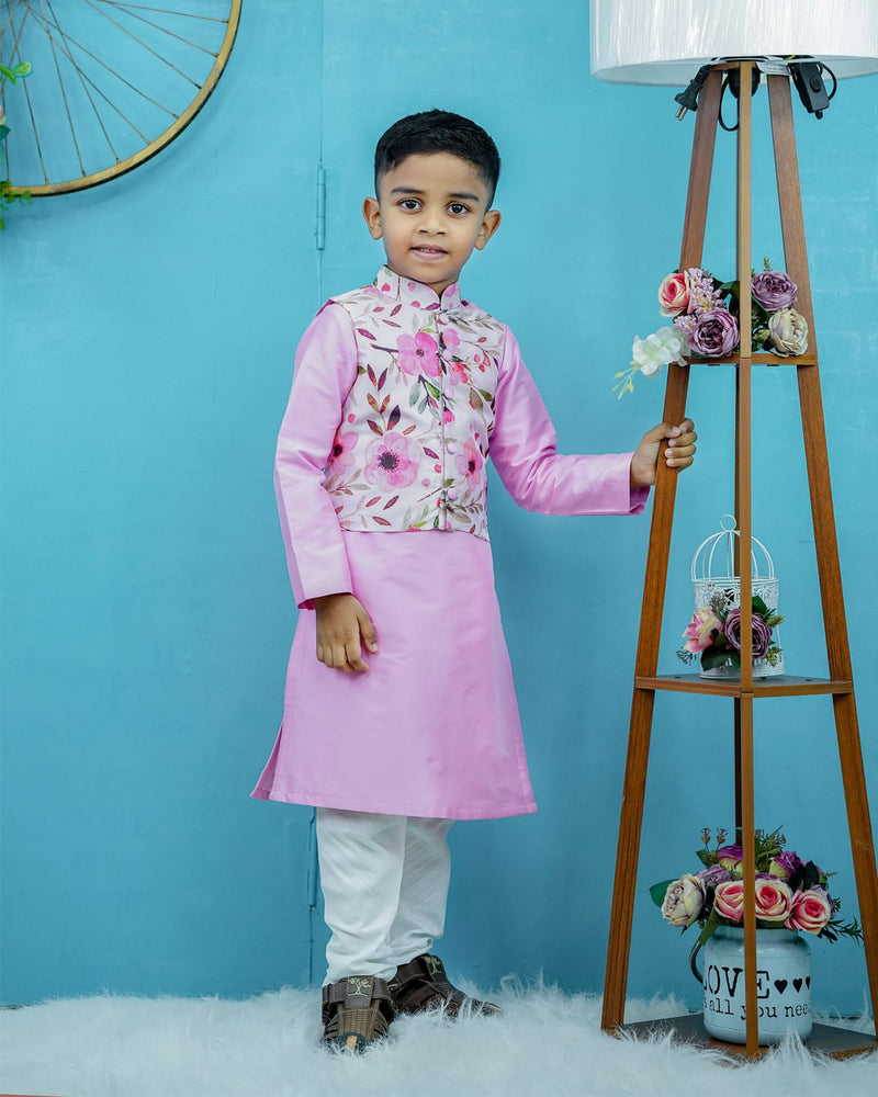 Kids Floral Print Jacket with Pink Kurta Online | Kurta Set for Kids Online 