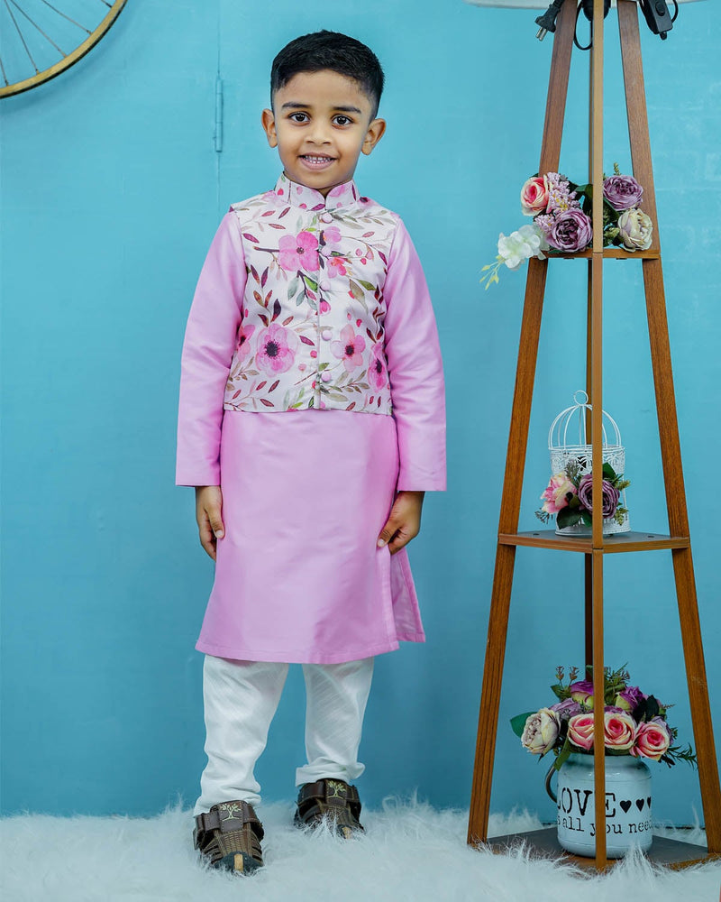 Kids Floral Print Jacket with Pink Kurta Online | Kurta Set for Kids Online 