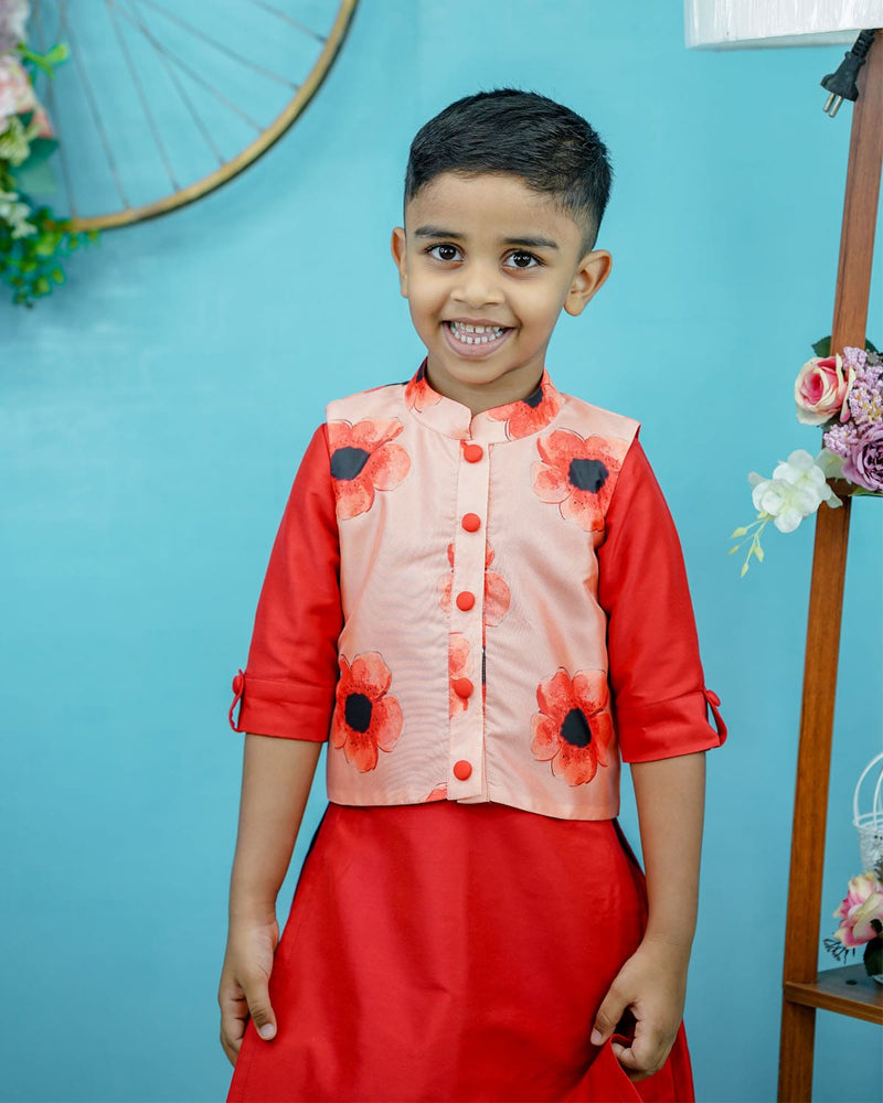 Kids Peach Floral Jacket with Red Kurta Online | Kurta Set for Kids Online