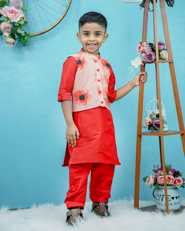 Kids Peach Floral Jacket with Red Kurta Online | Kurta Set for Kids Online