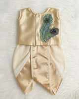 Tissue Colour Sleeveless Jacket With Peacock Feather Embroidery And Ivory Dhoti