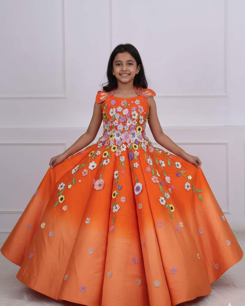 Dark Orange and Light orange Gown with Heavy Embellished Flowers