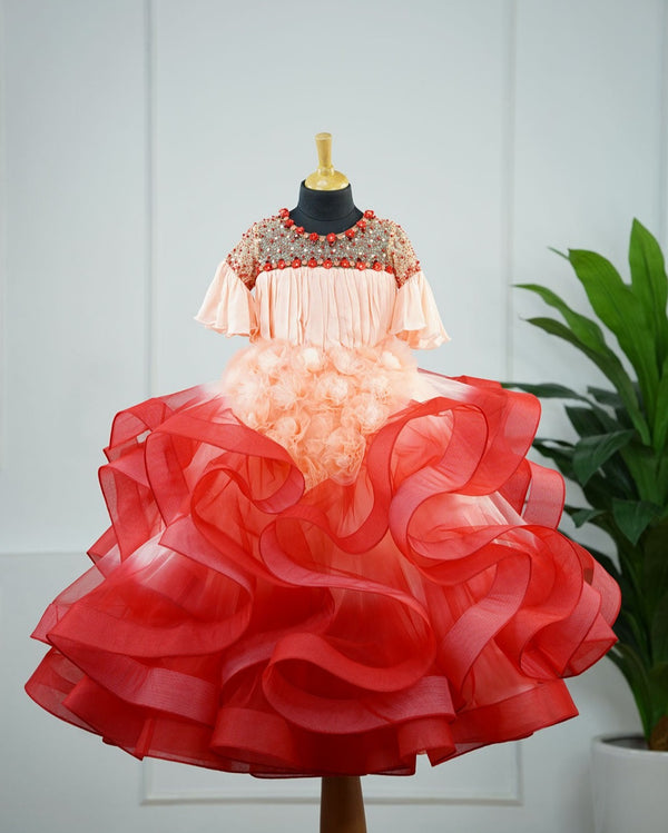 Peach Beauty- Peach And Red Ombre Shade Gown With Stylish Embellishments