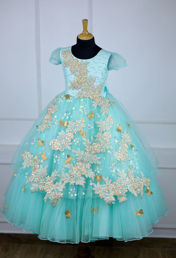 Aqua Green Firefly Princess Gown With LED lights And  Multicolor Lace embellishments