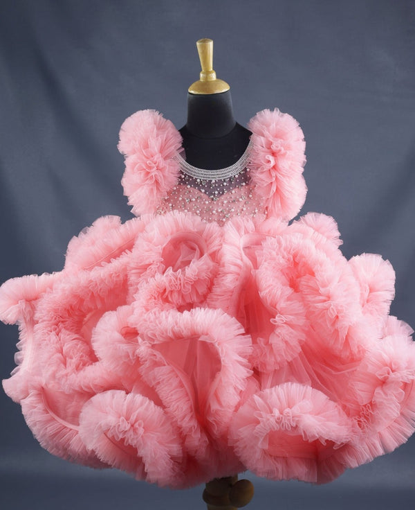 Peach Netted Frilled Fluffy Gown With White Crystal and Beads Work