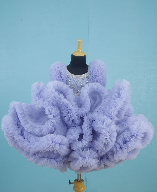 Blue Ash Netted Frilled Fluffy Gown With White Crystal and Beads Work
