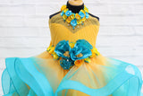 Yellow And Sea Blue Color Combo Halter Neck Twirled Couture Gown With Yellow And Sea Blue Flower Embellishments