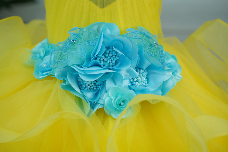 Aqua Blue Halter Neck Twirled Couture Gown With Aqua Blue Flower Embellishments