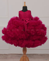 Classic Wine Red Cloudy Frilled Gown with Handcrafted Beaded Waistline