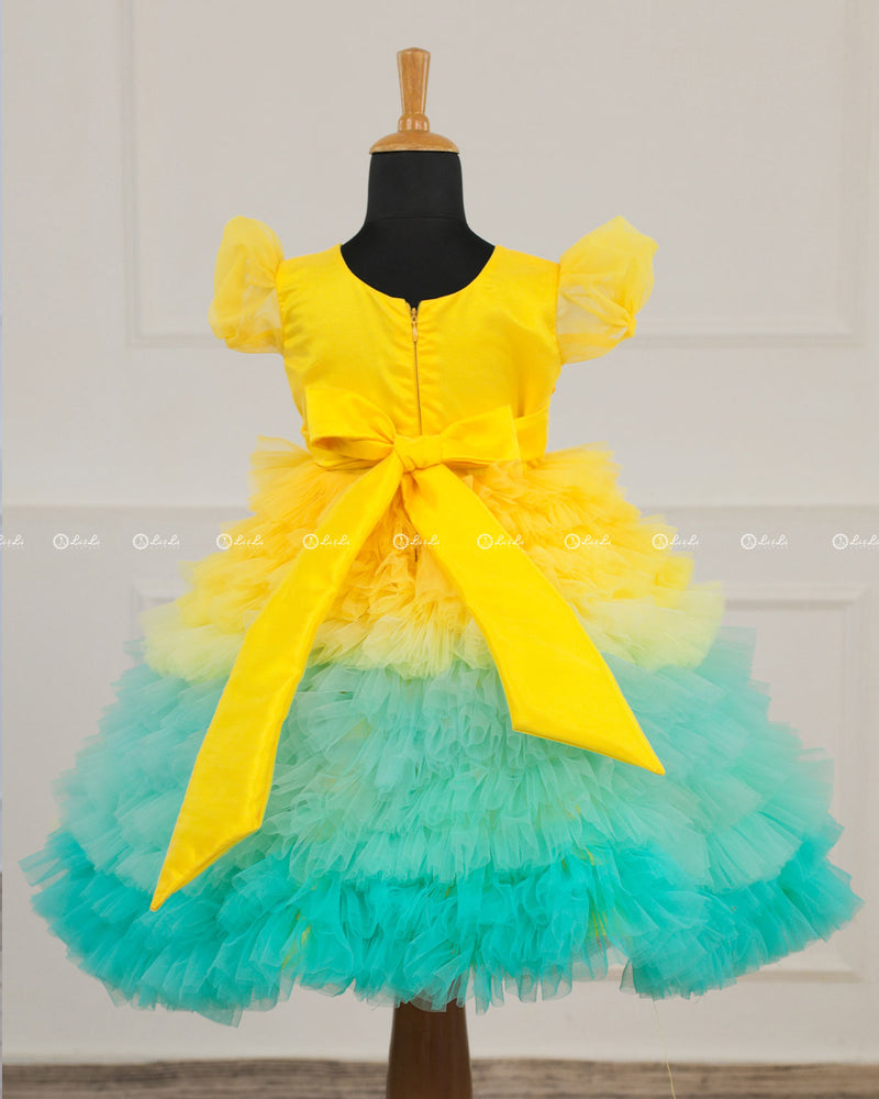 Yellow and Aqua Blue Layered Gown with Handcrafted Yoke