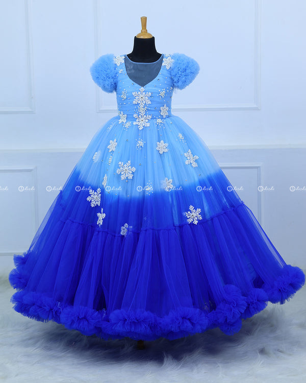 Snowflake theme light cobalt blue shade and dark royal blue layered frilled gown