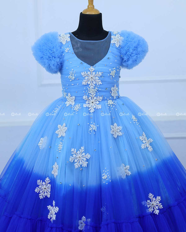 Snowflake theme light cobalt blue shade and dark royal blue layered frilled gown