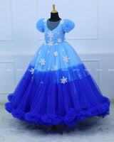 Snowflake theme light cobalt blue shade and dark royal blue layered frilled gown