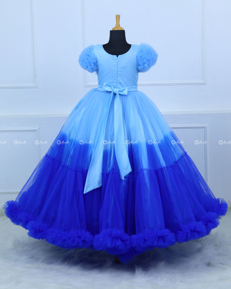 Snowflake theme light cobalt blue shade and dark royal blue layered frilled gown