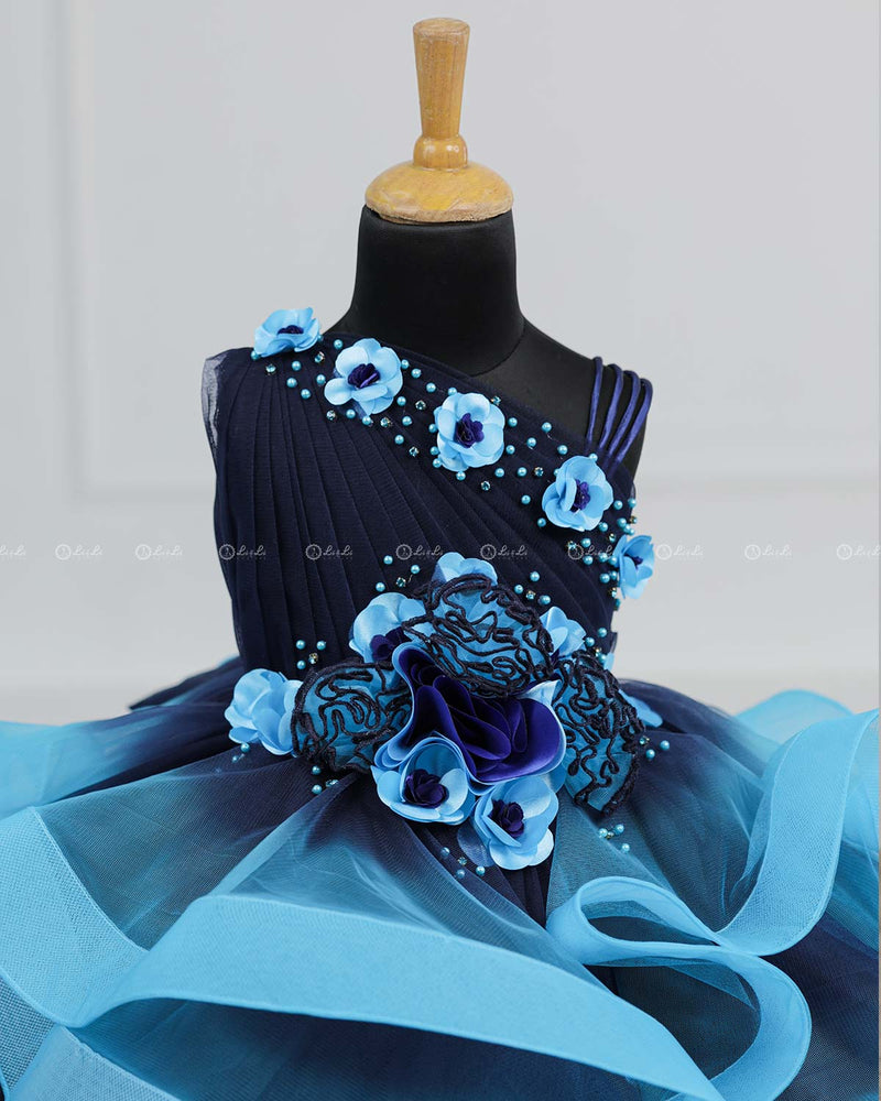 Navy blue and aqua blue ombre shaded pleated one shoulder couture gown