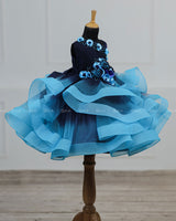 Navy blue and aqua blue ombre shaded pleated one shoulder couture gown