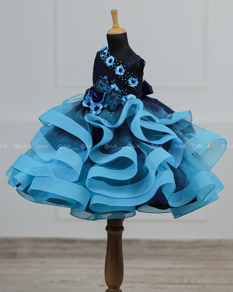 Navy blue and aqua blue ombre shaded pleated one shoulder couture gown