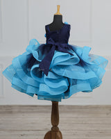 Navy blue and aqua blue ombre shaded pleated one shoulder couture gown