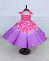 Rose Pink and Lavender Panel Gown with Heavy Embellished Flowers