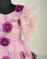 Plum purple and onion pink colour gradient heavy frill gown with hand crafted embellishments and layered sleeves