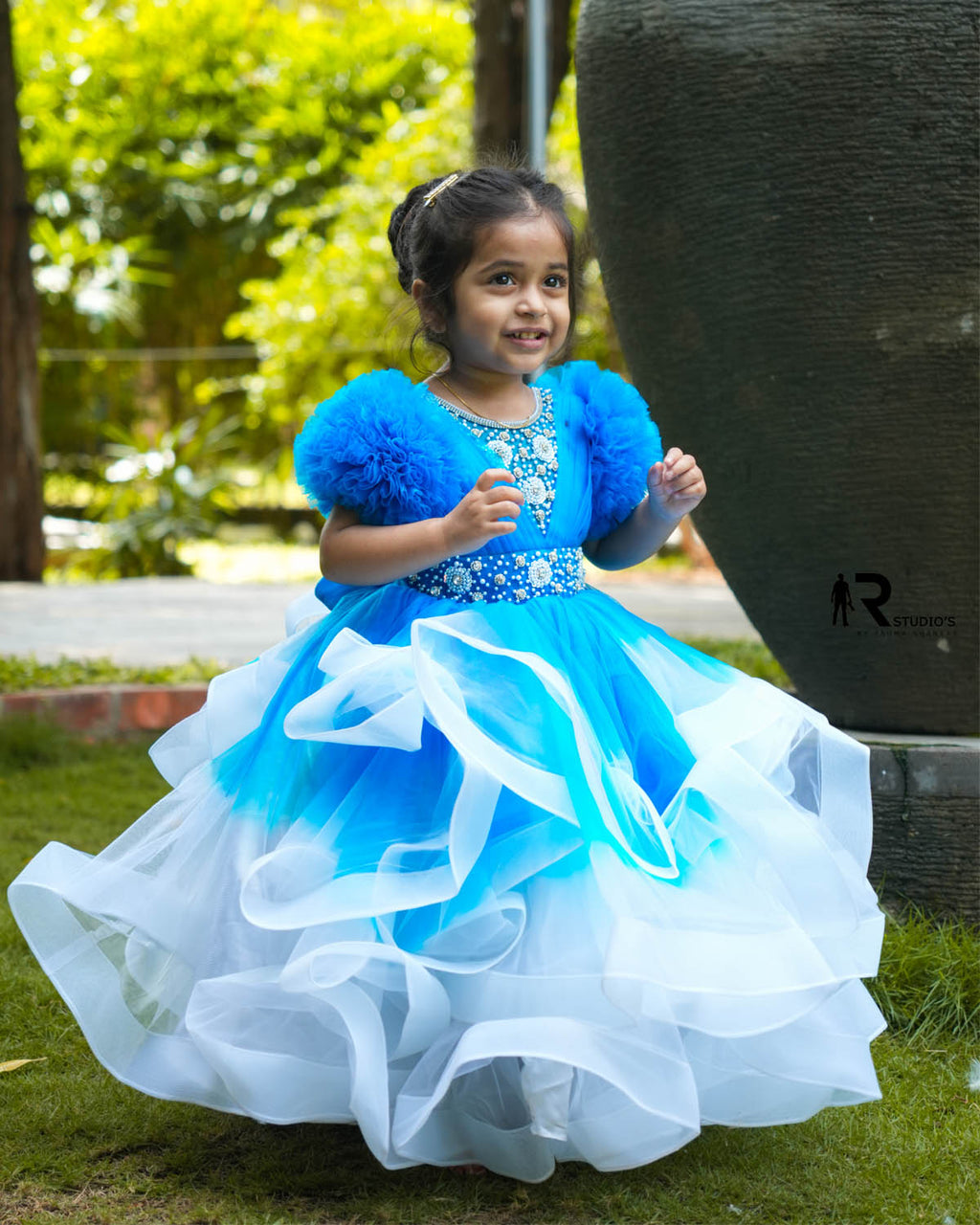 Blue and White Kids Twirled Gown Online