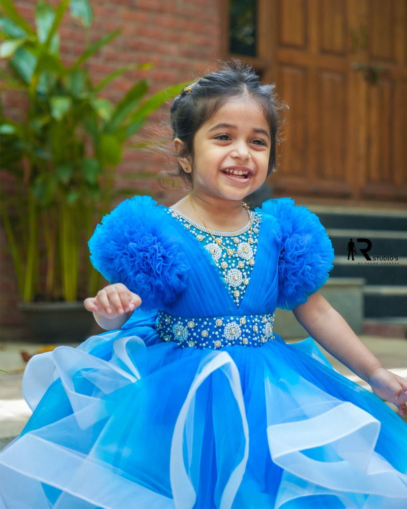 Blue and White Kids Twirled Gown Online | Kids Twirl Dresses Online  India