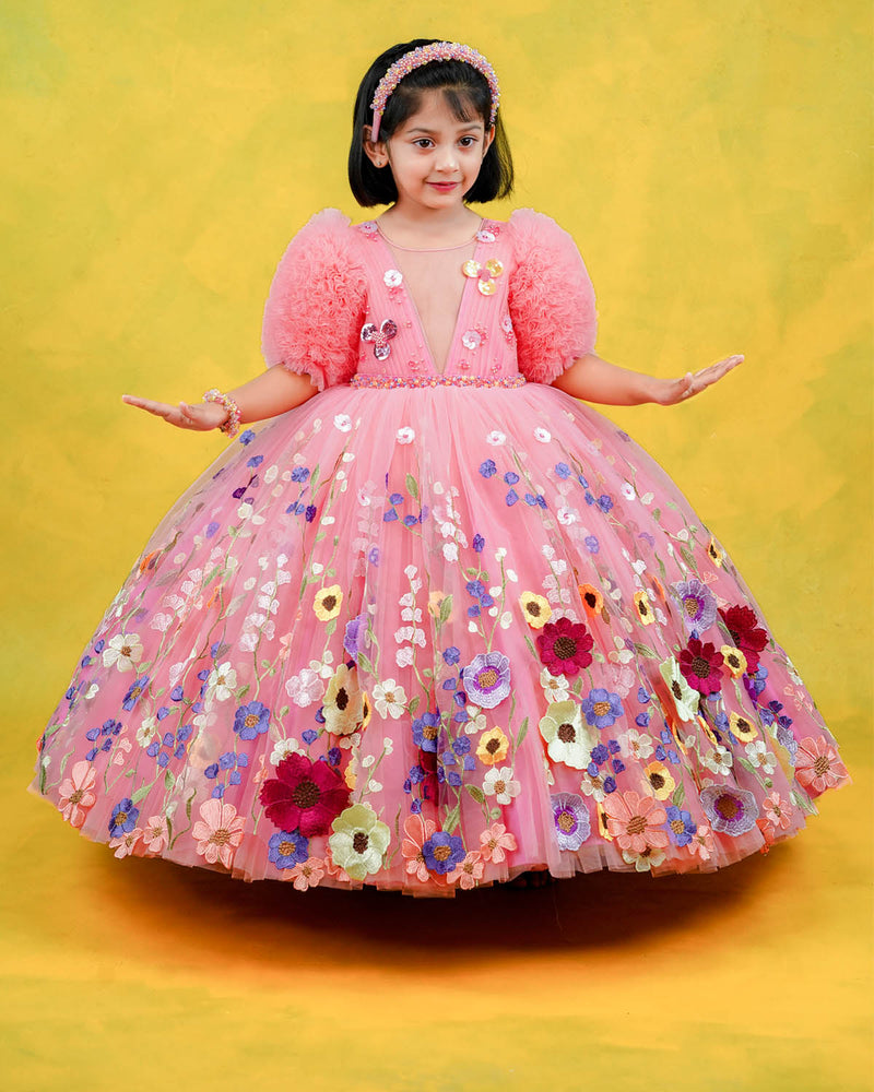 Rose Embroidery Kids Ball Gown Online | Kids Party Wear Dresses Online in India
