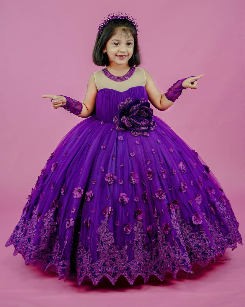 Purple ball gown with lace and bead embellishments