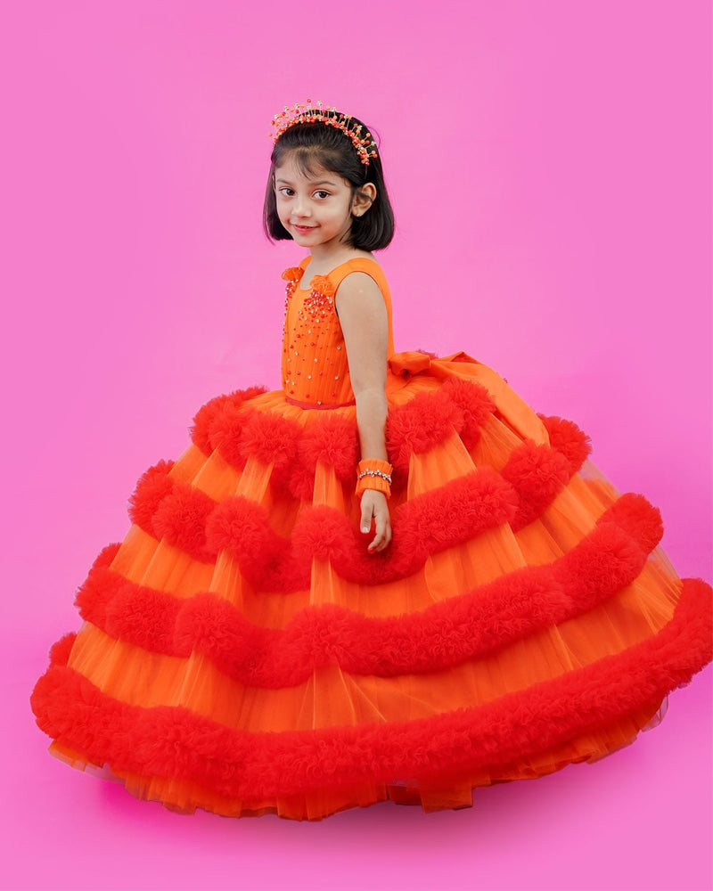 Kids Orange frilled ball gown Online | Kids Party Wear Dresses Online in India