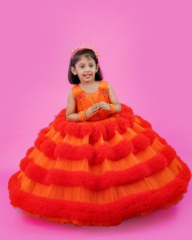 Kids Orange frilled ball gown Online | Kids Party Wear Dresses Online in India