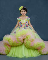 Kids Light Green and Pink Floral Theme Gown Online | Kids Floral Dress Online