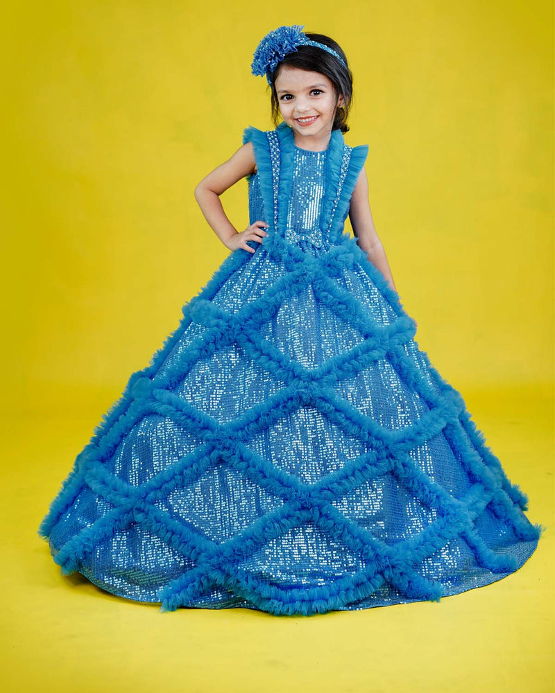 Dark Powder Blue Sequin Gown Online | Kids Frilled Party Wear Online