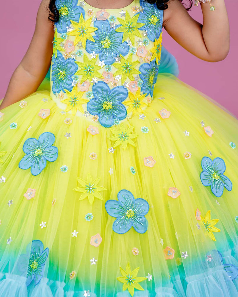 Hand Crafted Kids Lemon Yellow and Sky Blue Couture Gowns Online Hand Crafted Kids Lemon Yellow and Sky Blue Couture Gowns Online