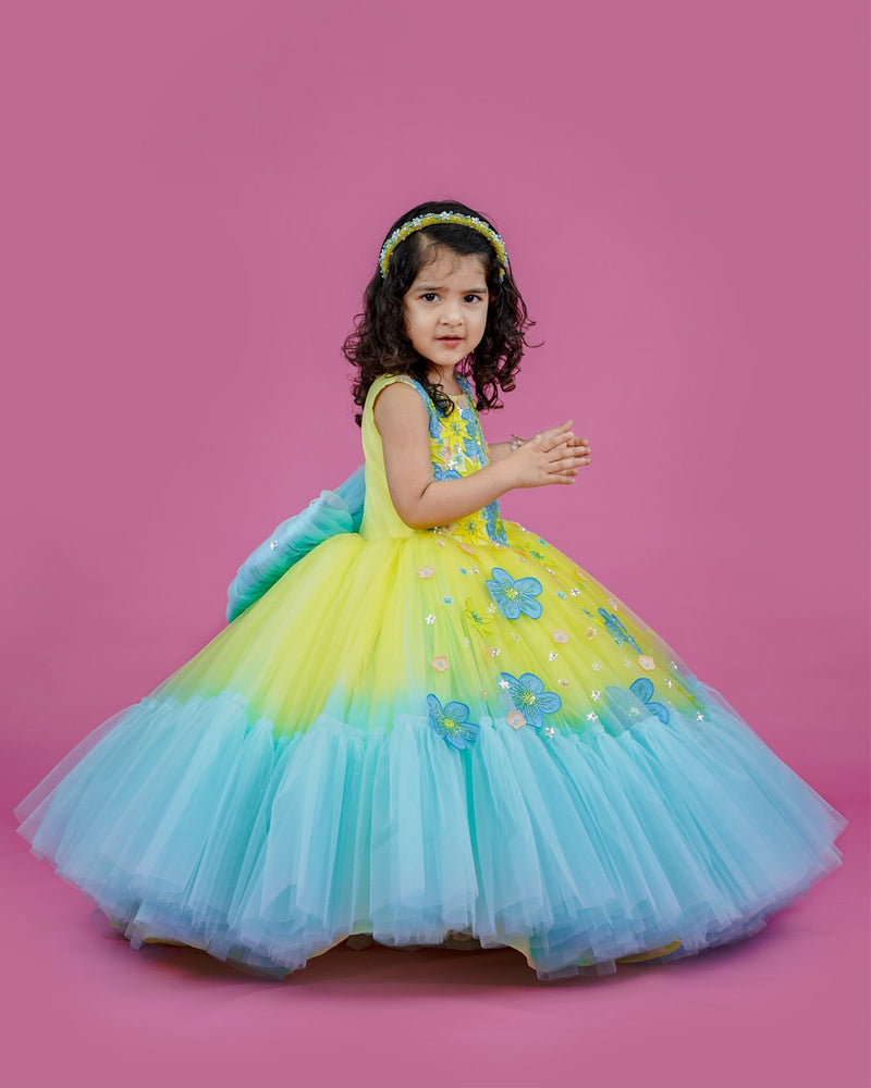 Hand Crafted Kids Lemon Yellow and Sky Blue Couture Gowns Online | Kids Couture Gowns Online