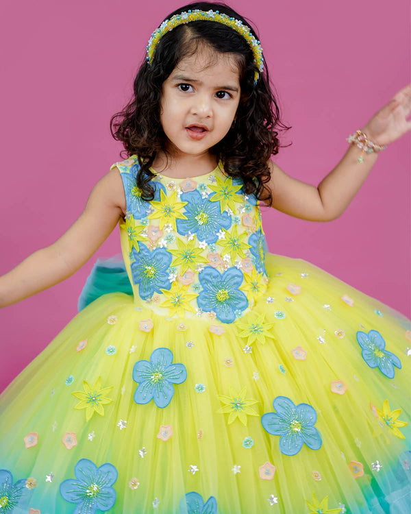 Hand Crafted Kids Lemon Yellow and Sky Blue Couture Gowns Online | Kids Couture Gowns Online