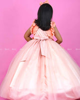 Peach Colour Couture Party Gown With Hand Crafted Flower Details & Maple Leaf Applique